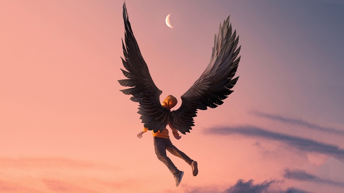 Angel with black wings in the sky at sunset