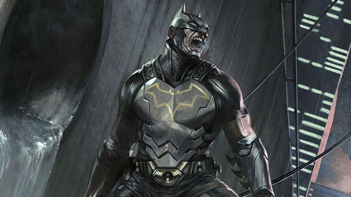 Batman in a dark, rainy city