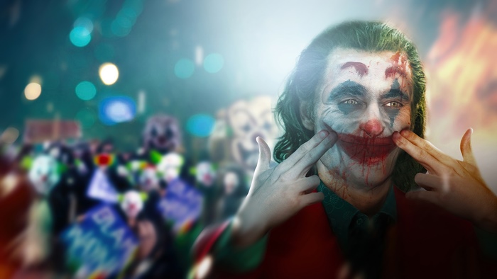 Joker with clown makeup in a crowd