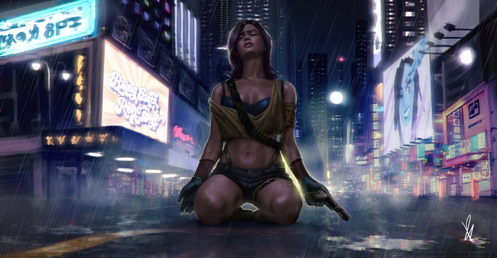 Cyberpunk woman kneeling in the rain with a gun