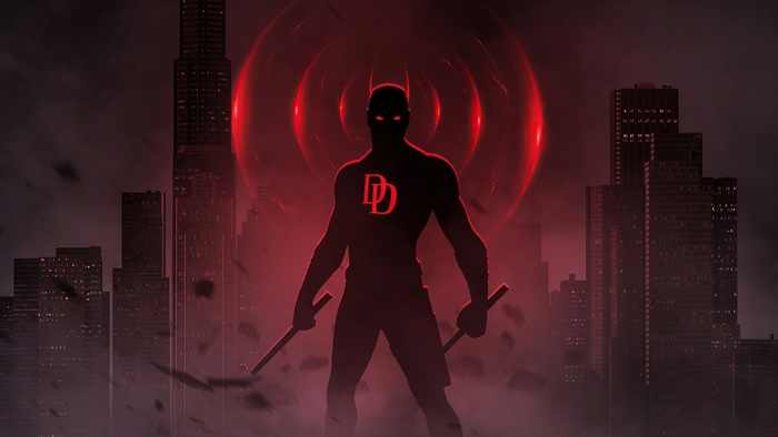 Daredevil silhouette with DD logo in city