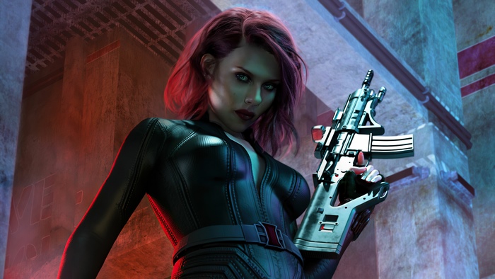 Black Widow with a rifle in a gritty urban setting