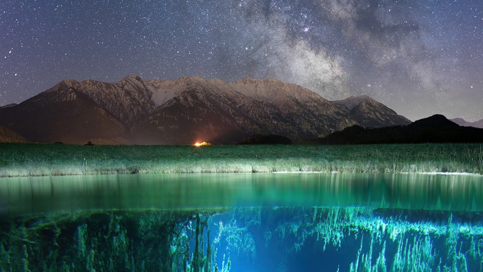 Milky Way over Mountains and Underwater Lake