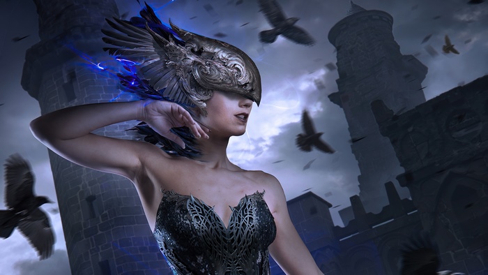 Raven Queen artwork with castles and birds