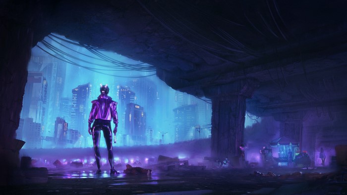 Cyberpunk city scene with a person in purple jacket