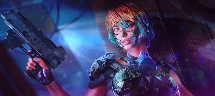 Cyberpunk warrior with a gun, digital art