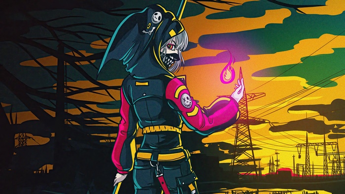 Anime character with skull mask and fire