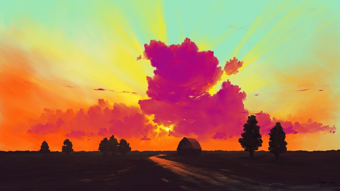 Digital art of a sunset over a rural landscape