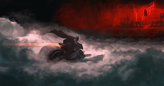Batman on a motorcycle in a stormy, ruined city