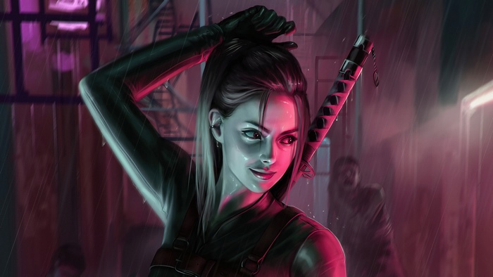 Artwork of a woman with a sword in the rain