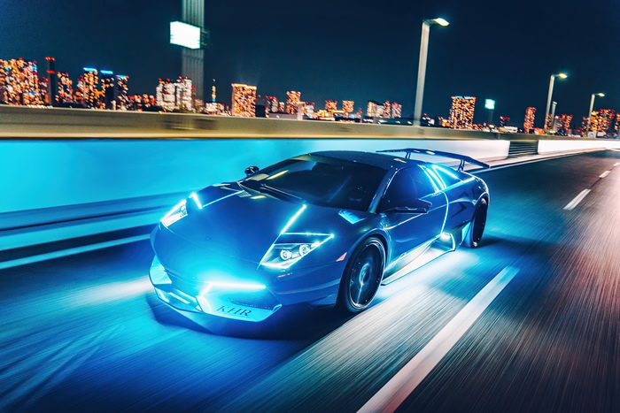 Blue Lamborghini Murcielago with Neon Lights on Night Drive