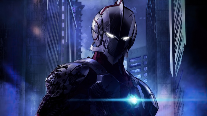 Ultraman artwork in a city at night