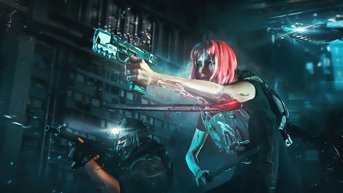 Sci-fi warriors with futuristic weapons in a city