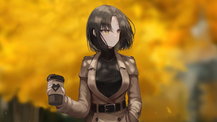 Anime girl with coffee in autumn
