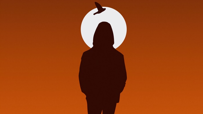 Silhouette of a person with a bird and moon