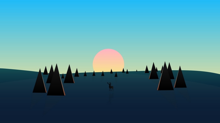Minimalist digital art of a deer in a forest at sunset