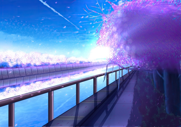Anime artwork of a scenic river path with cherry blossoms