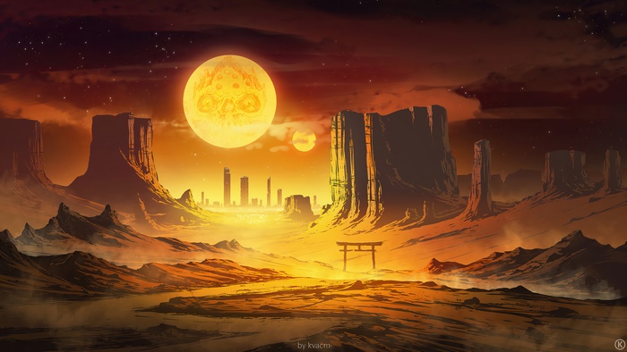 Desert landscape with giant moon and city