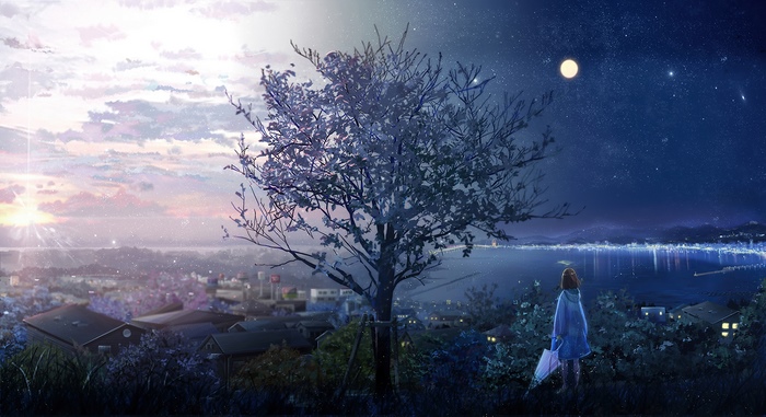 Anime artwork of a girl watching a city at night and day