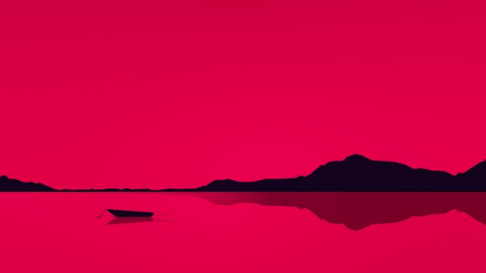Minimalist boat on a lake with mountains