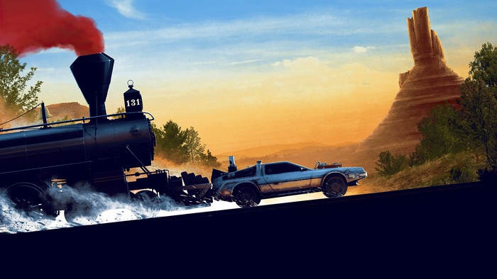 DeLorean car being pulled by a train in Back to the Future 4K