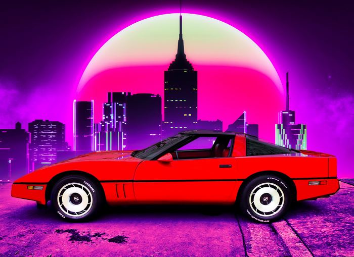 Red Corvette in Outrun Cityscape