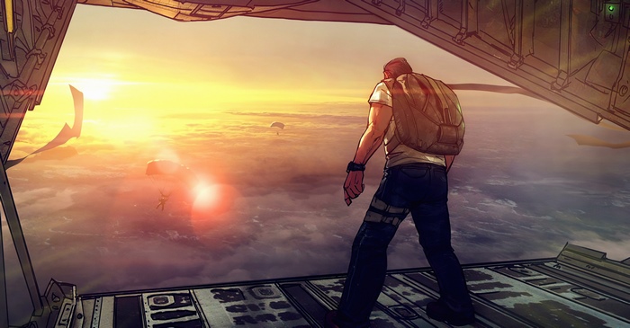 Man with backpack jumping from plane in Garena Free Fire 4K