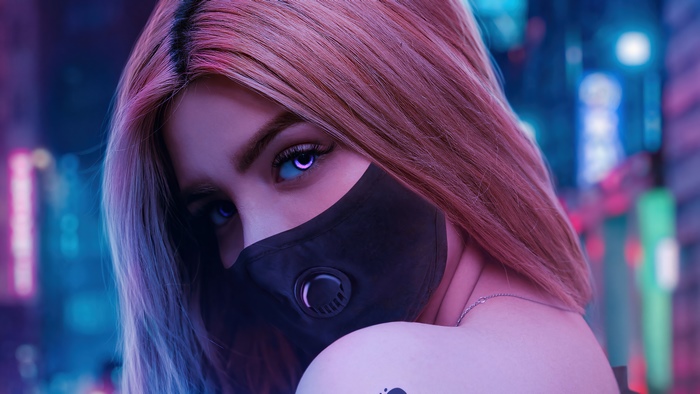 Cyberpunk girl with purple eyes and mask