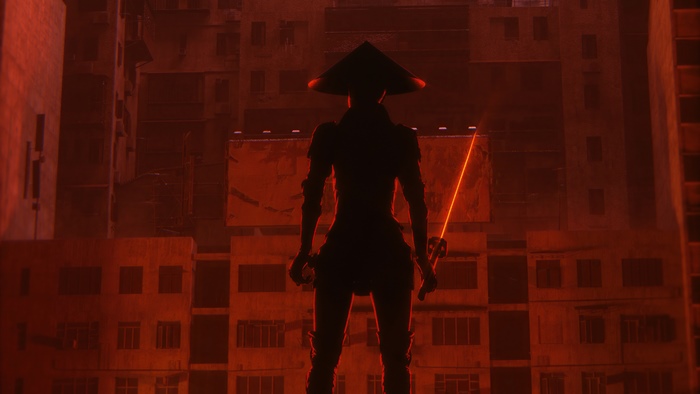 Silhouette of a ninja with a sword in a city
