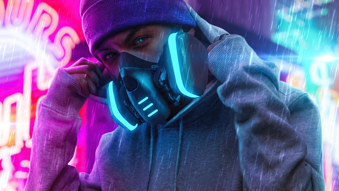 Person in hoodie and mask with neon lights