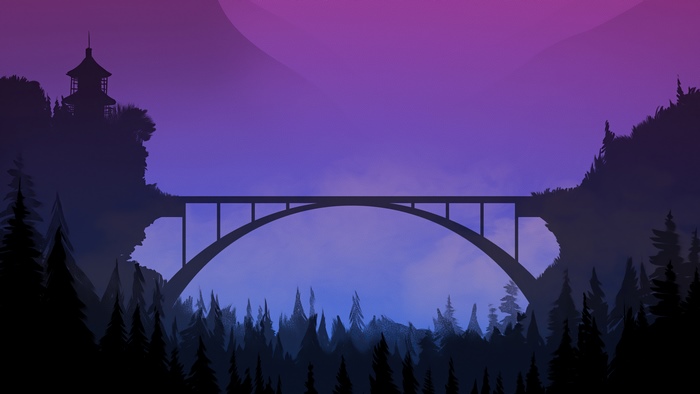Minimalist bridge at sunset with pagoda