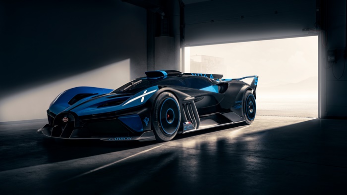 Bugatti Bolide car in a garage