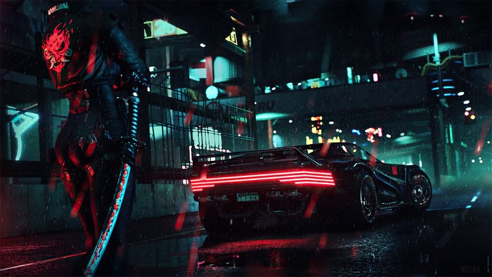 Cyberpunk 2077 Samurai character with sword and car