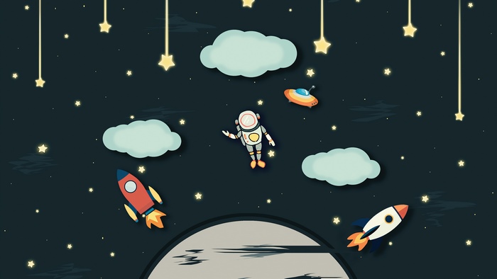 Astronaut floating in space with rockets and stars