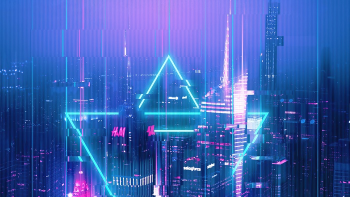 Neon Triangle Over Glitched Cityscape 4K