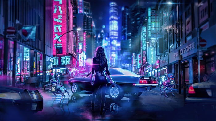 Cyberpunk Neon Cityscape with Futuristic Robots