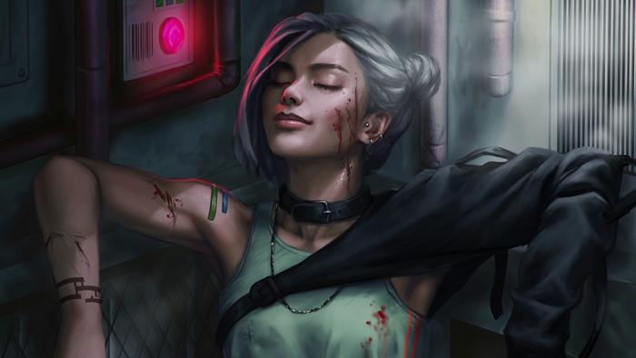 Woman with wounds in a dark room