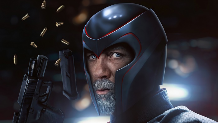 Magneto with a handgun and falling bullets 4K