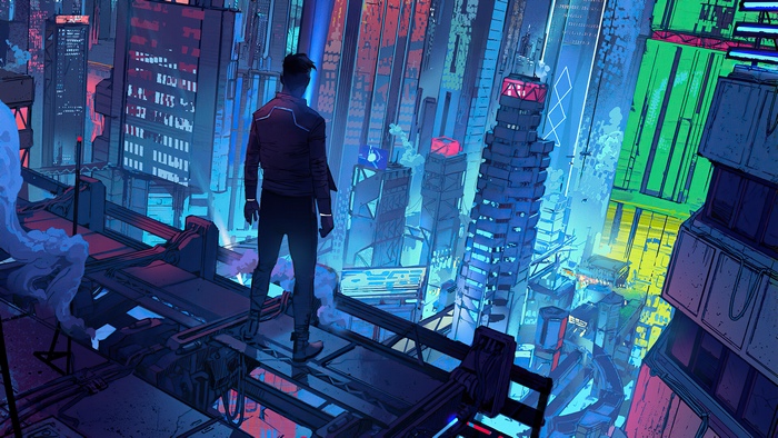 Cyberpunk city with a man overlooking neon skyscrapers