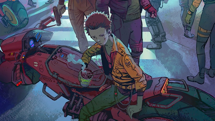 Cyberpunk characters on a motorcycle