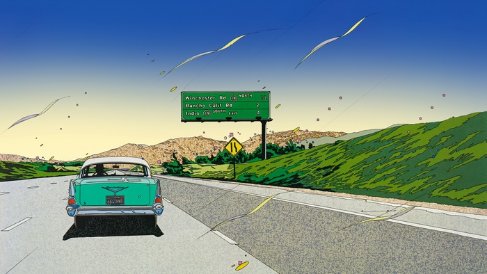Vintage Car on Highway with Road Sign