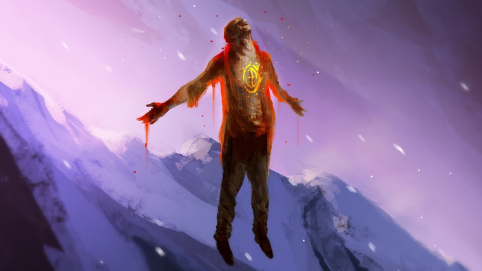 Man floating in front of snowy mountains