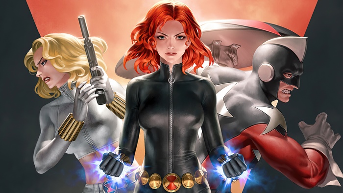 Black Widow, White Widow, and Captain America from Marvel