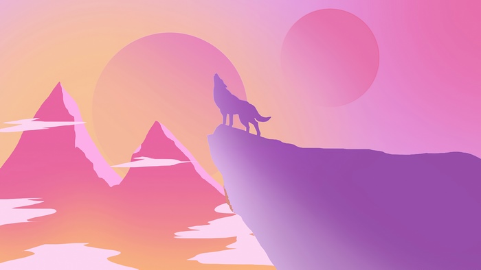 Minimalist wolf howling on a cliff at sunset