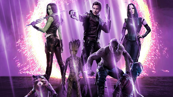 Guardians of the Galaxy characters in front of a purple light effect