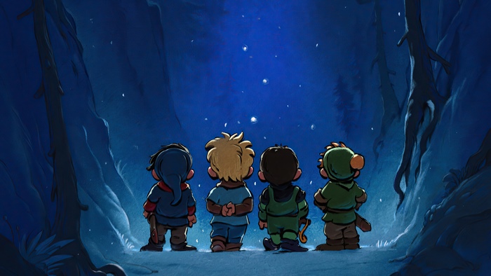 Four children looking up at stars in a forest