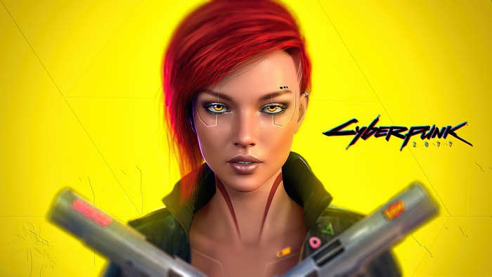 Cyberpunk 2077 artwork of a woman with guns