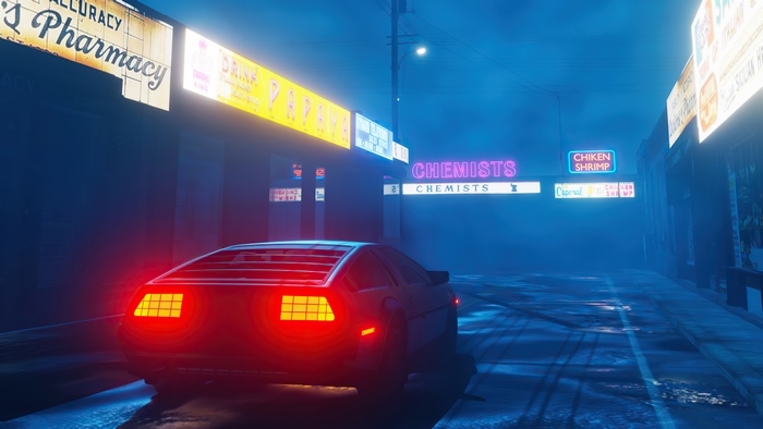 Delorean driving down a neon-lit street at night