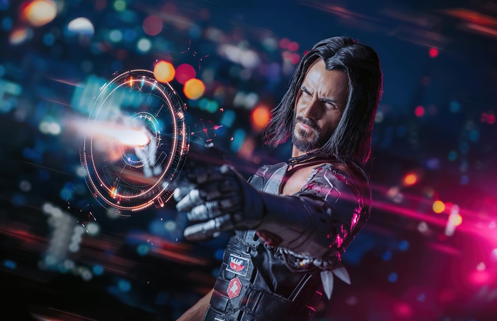 Cosplayer as Johnny Silverhand from Cyberpunk 2077 firing a gun