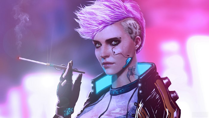 Woman with pink mohawk smoking in cyberpunk city